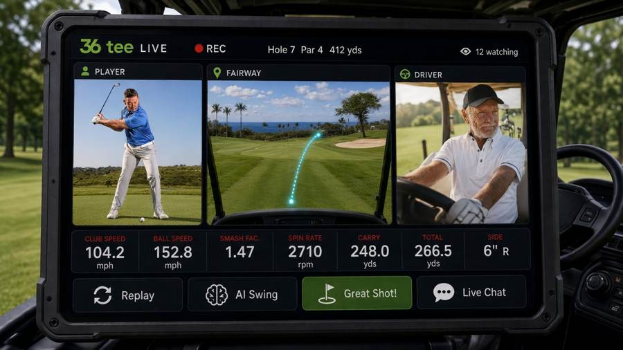 Concept render of the 3SixTee tablet showing player, fairway and driver views